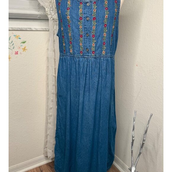 Vtg Erika & Co Embroidered Denim Maxi M Jumper Dress  Fall Country Modest 90 Y2k - Picture 1 of 11